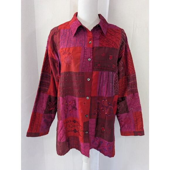 NWOT! CHICO'S! SILK! SHADES OF RED PATCHWORK BEAD/EMBROIDER TOP JACKET! SZ 10/12 - Picture 3 of 10